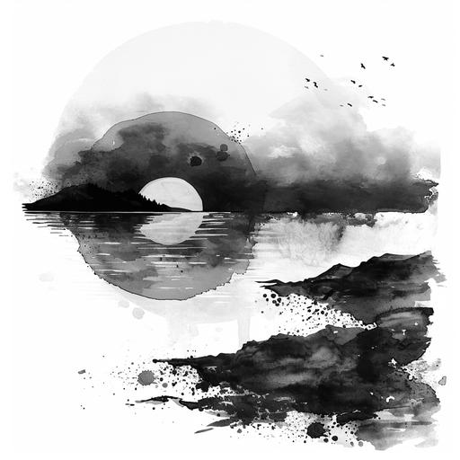 watercolor boho sun setting over landscape. black and white. simple design. --v 6.0