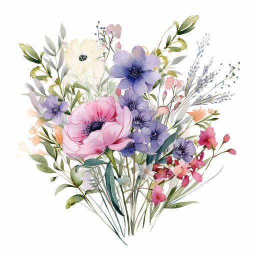 watercolor bouquet soft wildflowers clipart white background