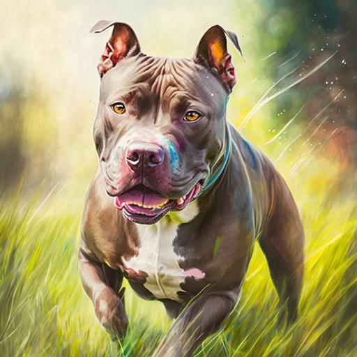 watercolor brindle colored strong pitbull, neon accents, facing camera, playful pounce, sunlight in background, multi colored grass field