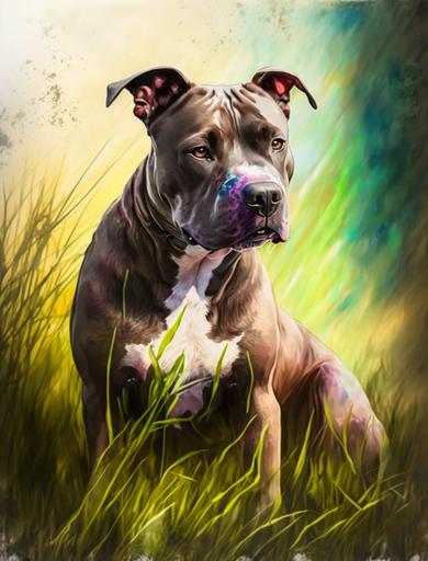 watercolor brindle colored strong pitbull, neon accents, facing camera, playful pounce, sunlight in background, multi colored grass field, --ar 3:4