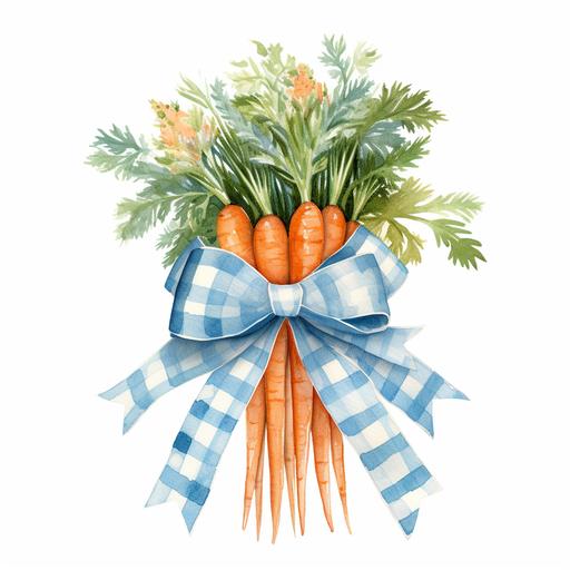 watercolor carrots bouquet wrapped with small light blue and white gingham ribbon and bow, on white background