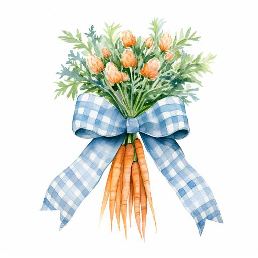 watercolor carrots bouquet wrapped with small light blue and white gingham ribbon and bow, on white background