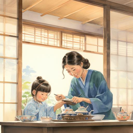 watercolor children book style illustration of a 1950s scene in a Japanese house, a mother is serving breakfast for 3 kids in a low Japanese dining table, in a working class Japanese style house dining room background