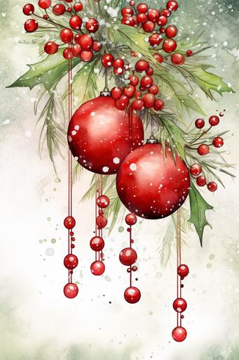 watercolor christmas glitter red balls with mistletoe digital junk journal page --ar 2:3