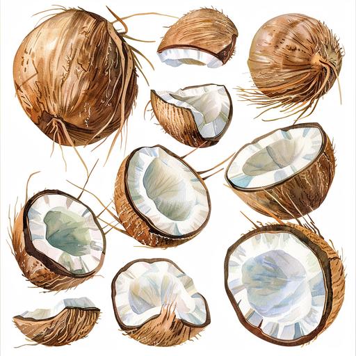 watercolor clip art of coconuts, white background