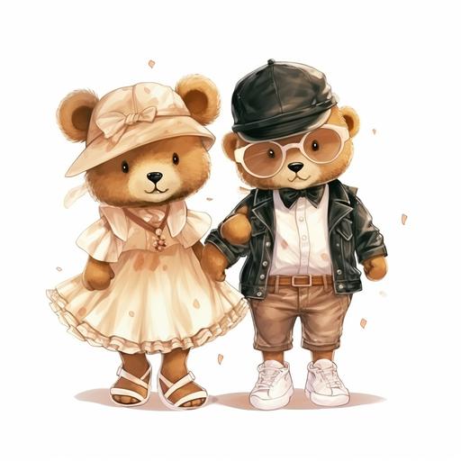 watercolor clipart, girl and boy gangster teddy bears crossing arms build-a-bear fashion cute teddy, dress skirt, shoes, rapper street gangster outfit, boho white and beige white backgound