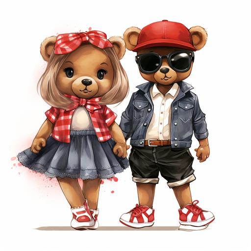 watercolor clipart, girl and boy gangster teddy bears crossing arms build-a-bear fashion cute teddy, dress skirt, shoes, rapper street gangster outfit, white backgound