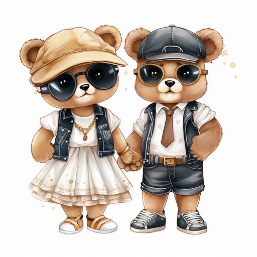 watercolor clipart, girl and boy gangster teddy bears crossing arms build-a-bear fashion cute teddy, dress skirt, shoes, rapper street gangster outfit, boho white and beige white backgound