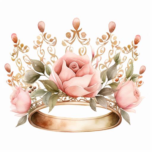 watercolor clipart gold princess crown with pale pink roses, white background