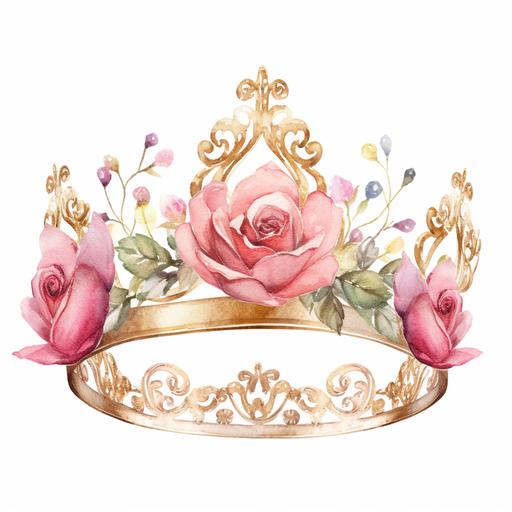watercolor clipart gold princess crown with pale pink roses, white background