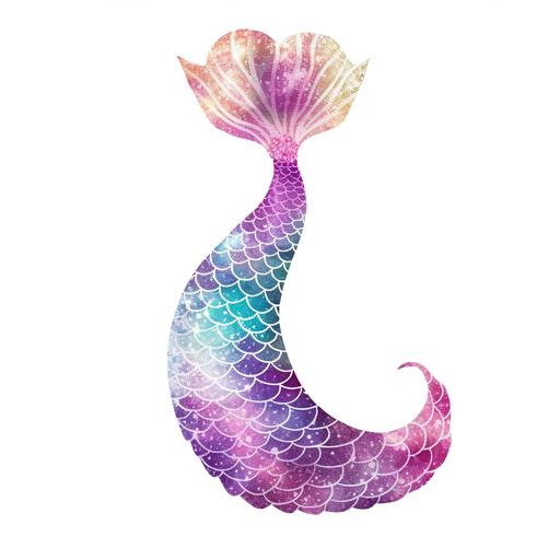 watercolor clipart, mermaid tail, obre purple pink aqua, gold glitter, white background