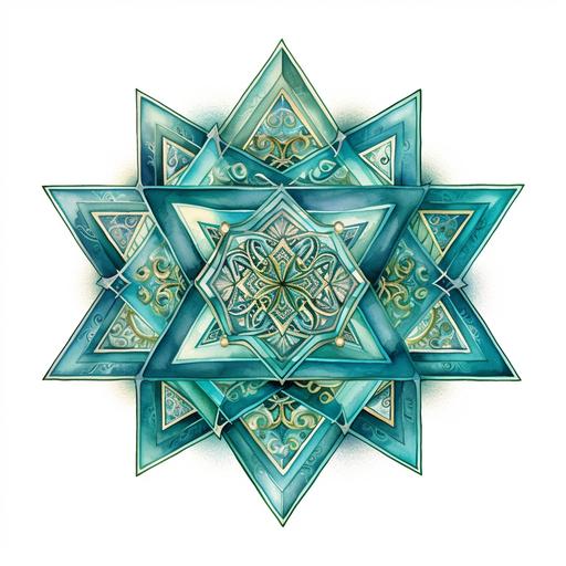 watercolor clipart of 3D merkaba, intricate sacred geometrical patterns, teal
