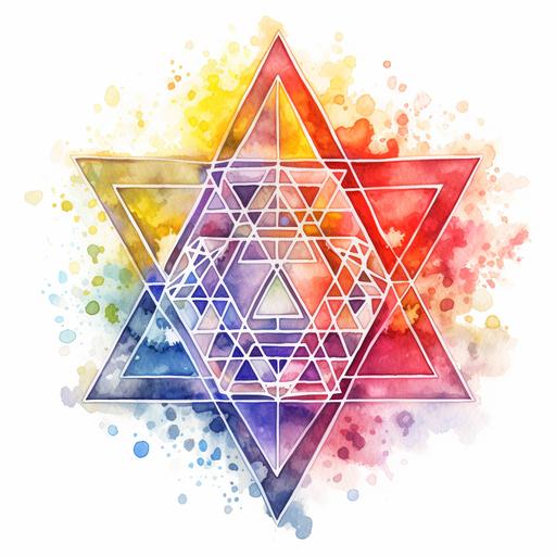 watercolor clipart of intricate 3D merkaba, sacred geometrical patterns, vibrant chakra colors, on white background