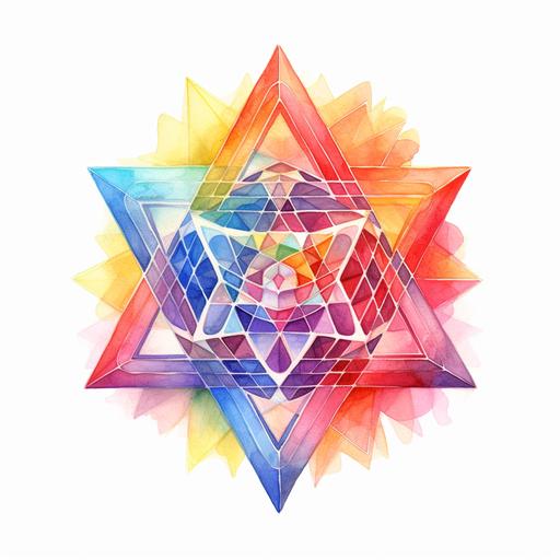 watercolor clipart of intricate 3D merkaba, sacred geometrical patterns, vibrant chakra colors, on white background