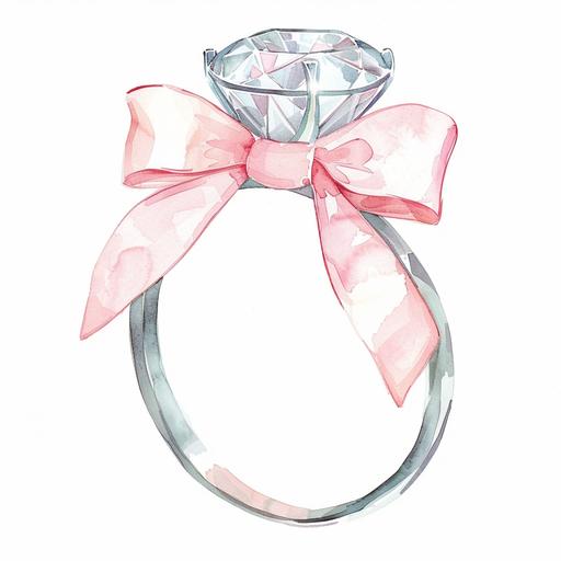 watercolor clipart pale grey diamond ring with pale pink bow, white background, pretty