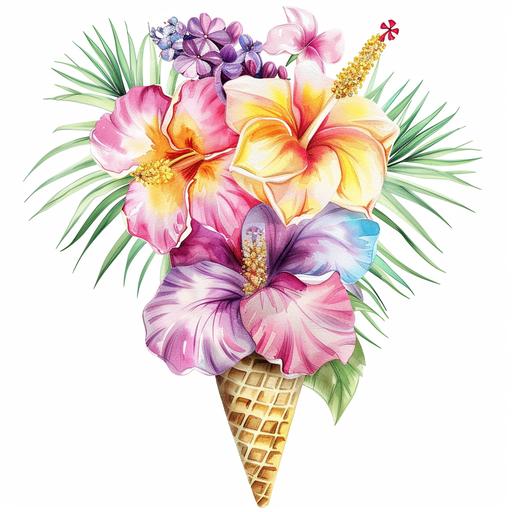 watercolor clipart, palm branch, hawaiian flowers, vibrant hawian colors purple, pink yellow orange red and white flower double scoop-cone, white background --v 6.0
