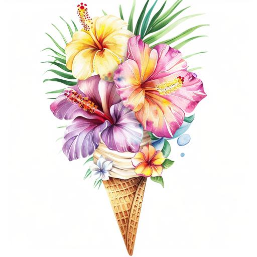 watercolor clipart, palm branch, hawaiian flowers, vibrant hawian colors purple, pink yellow orange red and white flower double scoop-cone, white background --v 6.0