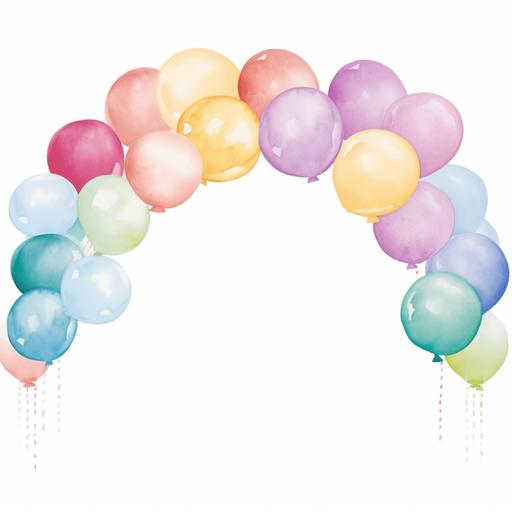watercolor clipart, rainbow pastel balloon arch, white background