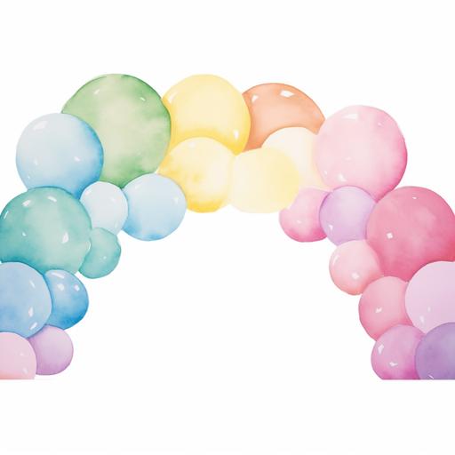 watercolor clipart, rainbow pastel balloon arch, white background