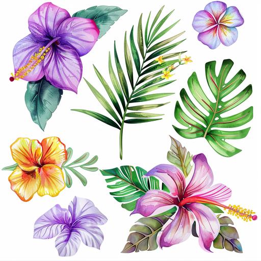 watercolor clipart set, palm branch, hawaiian flowers, vibrant hawian colors purple, pink yellow orange and white, white background