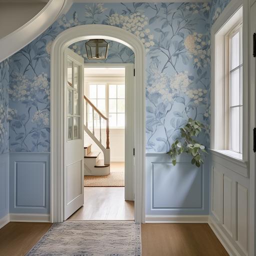 watercolor cottage style hallway with blue flower wallpaper, Dutch style door at end of hallway