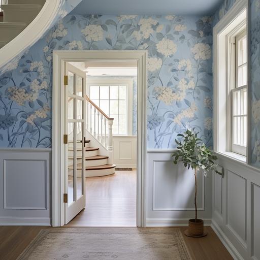 watercolor cottage style hallway with blue flower wallpaper, Dutch style door at end of hallway