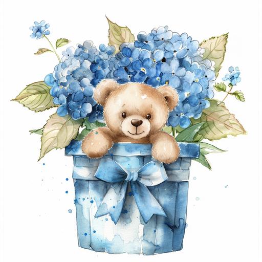 watercolor cute baby teddy bear in blue potted flower pot with bow around it, large blue hydrangea flower behind, white background