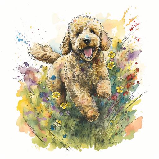 watercolor dog golden doodle running in a meadow with yellow and red flowers