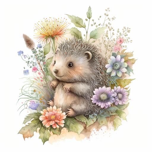 watercolor drawing of a baby porcupine with flowers, cute and dreamy, in the style of storybook illustrations, charming character illustrations, nature-based patterns, uhd image, carolyn blish, hand-painted details