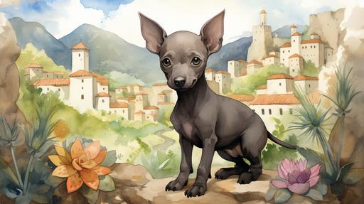 watercolor drawing of a cute black xoloitzcuintli hairless puppy in a little mexican town, adorable cartoon style character design, surrounded by lush landscape and nestled between mountains --ar 16:9