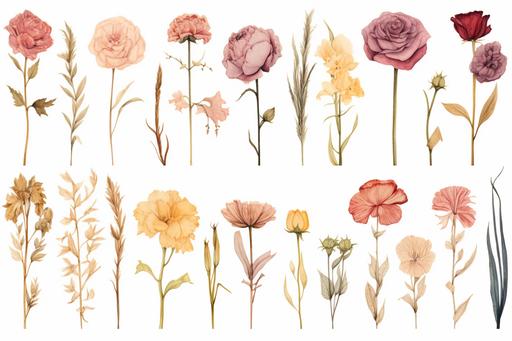 watercolor dried pressed flowers, carnation, rose, peony, various colors, neutral, isolated on white background, --ar 3:2