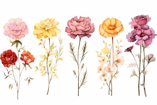 watercolor dried pressed flowers, carnation, rose, peony, various colors, neutral, isolated on white background, --ar 3:2