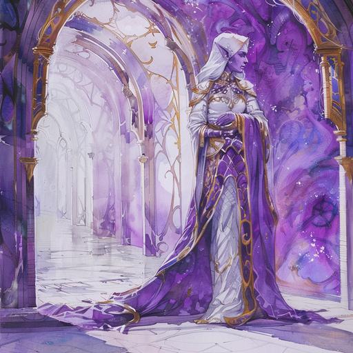 watercolor fantasy art, purple elf, white and gold robes, white stone floor, purple background, beautiful