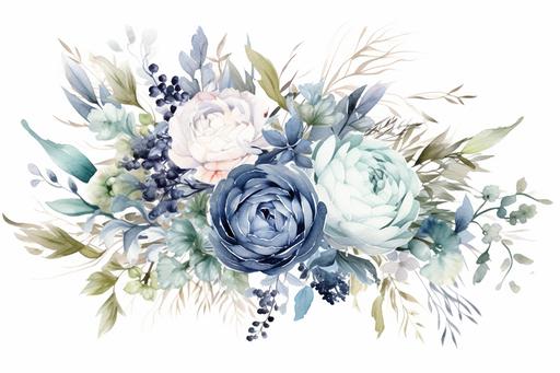 watercolor floral bouquet, peonies, david austin roses, blue thistles, babys breath, navy blue, baby blue, white, sage green leaves, neutral, isolated on white background --ar 3:2