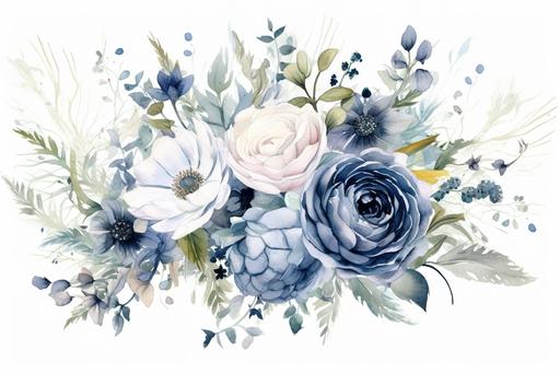 watercolor floral bouquet, peonies, david austin roses, blue thistles, babys breath, navy blue, baby blue, white, sage green leaves, neutral, isolated on white background --ar 3:2
