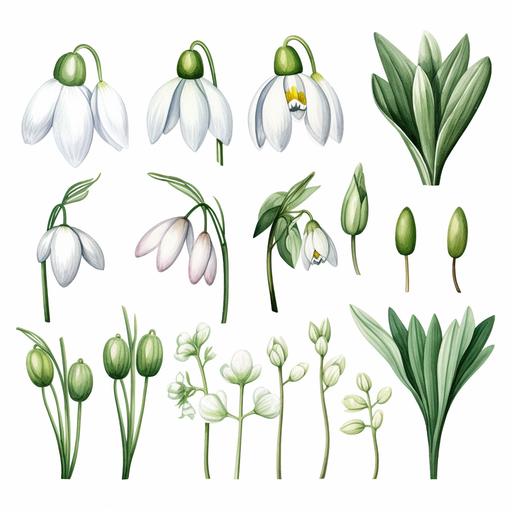 watercolor floral clipart featuring UK wildflowers for winter equires capturing the essence and colors of the specific flowers that bloom in these seasons. Here are descriptions for each: Winter Wildflowers: Snowdrop (Galanthus nivalis): Delicate, white, bell-shaped flowers with a distinctive green marking on the inner petals. The flowers hang from a single, slender green stem, surrounded by a few narrow, green leaves. Winter Aconite (Eranthis hyemalis): Bright yellow, cup-shaped flowers, resembling small buttercups. Each flower is encircled by a ruff of green bracts, and the plant has a low, ground-hugging habit. Hellebore (Helleborus niger): Large, bowl-shaped flowers, usually white or pale pink, with a cluster of yellow stamens in the center. The flowers rise above leathery, dark green leaves. White background