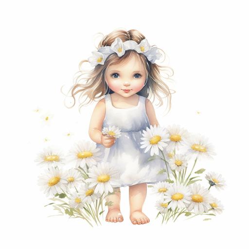 watercolor floral with white daisy boho arch flowers with tiny toddler like baby fairies flying around cute daisy flaires with daisy inspired outfits and daisies in hair white background 4k