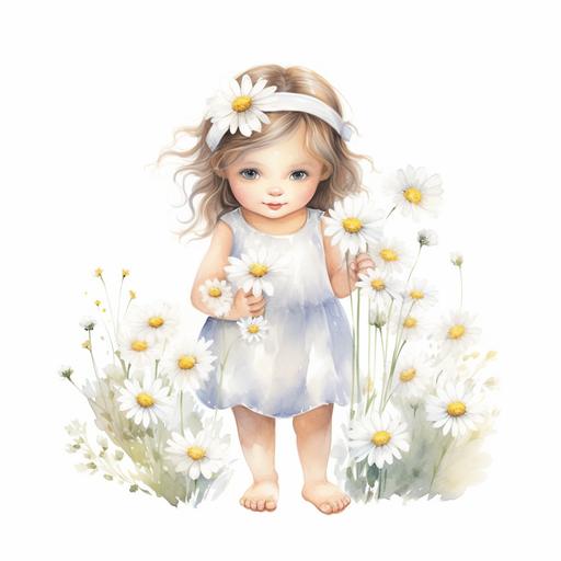 watercolor floral with white daisy boho arch flowers with tiny toddler like baby fairies flying around cute daisy flaires with daisy inspired outfits and daisies in hair white background 4k