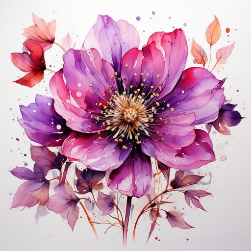 watercolor, flower, magenta, purple, magenta, a little gold, lines, spots, minimalism style, symbolism style --s 750 --v 5.2