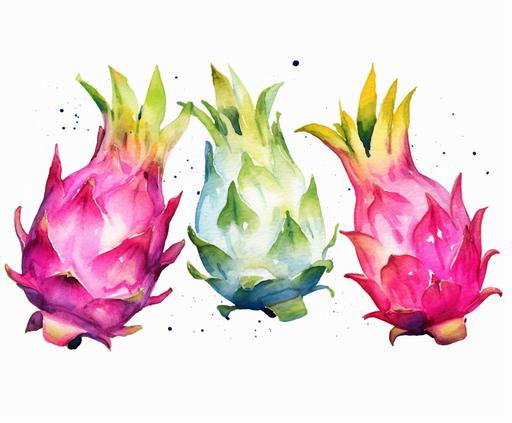 watercolor four Dragon fruits clipart, flat style, no volume, few details, washed out, minimalistic style, very lose details, very light colors, transparent colors, light airy hues and pastel tones, spaced out, white background, washed out colors and paint, hand-painted watercolor, watercolor spray, watercolor splash, splatters and paint smudges on top of each Dragon fruits, watercolor paper with visible rough paper texture, a variety of watercolor brushes, do not cross workspace borders, rough watercolor paper texture on top --ar 6:5 --s 1000 --v 5.1 --q 2 --s 750