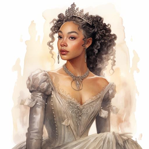 watercolor full length image of a young Queen Charlotte, Bridgerton style, Shonda Rhimes, beautiful biracial african caucasian woman, elaborate hair design, Regency era, large silver and gray regency evening gown, elaborate evening gown, dreamlike illustrations against a white background, glowing lights around image, elegant style,Shonda Rhimes Bridgerton, bridgerton style, - - s 250
