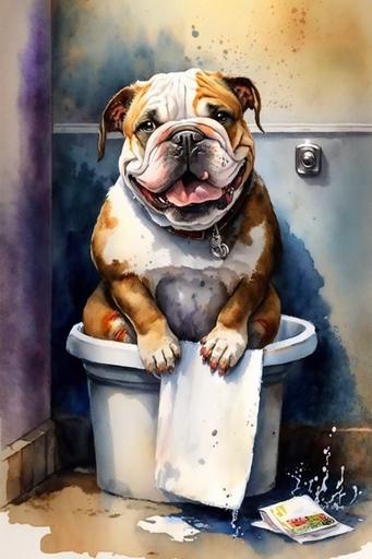 watercolor, funny dog, English Bulldog smile in the restroom, --ar 2:3
