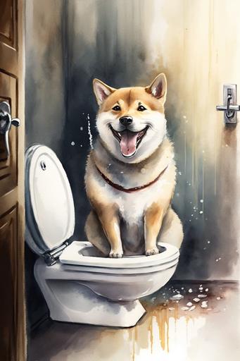 watercolor, funny dog, Shiba Inu smile in the restroom, --ar 2:3