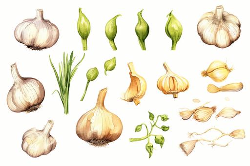 watercolor garlic vegetable clipart, flat style, no volume, few details, washed out, minimalistic style, very lose details, very light colors, transparent colors, light airy hues and pastel tones, spaced out, white background, washed out colors and paint, hand-painted watercolor, watercolor spray, watercolor splash, splatters and paint smudges on top of each garlic, watercolor paper with visible rough paper texture, a variety of watercolor brushes, do not cross workspace borders, rough watercolor paper texture on top --ar 6:4 --s 1000 --v 5.1 --q 2 --s 750