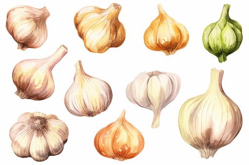 watercolor garlic vegetable clipart, flat style, no volume, few details, washed out, minimalistic style, very lose details, very light colors, transparent colors, light airy hues and pastel tones, spaced out, white background, washed out colors and paint, hand-painted watercolor, watercolor spray, watercolor splash, splatters and paint smudges on top of each garlic, watercolor paper with visible rough paper texture, a variety of watercolor brushes, do not cross workspace borders, rough watercolor paper texture on top --ar 6:4 --s 1000 --v 5.1 --q 2 --s 750