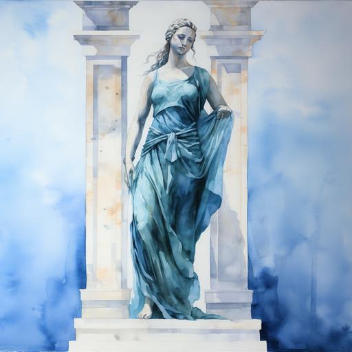 watercolor greek peace goddess Eirene statue standing a museum with a blue wall