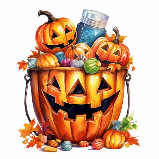 watercolor halloween pumpkin-shaped bucket full of sweets clipart white background