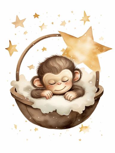 watercolor handpainted sleeping baby monkey with stars, white background --ar 3:4