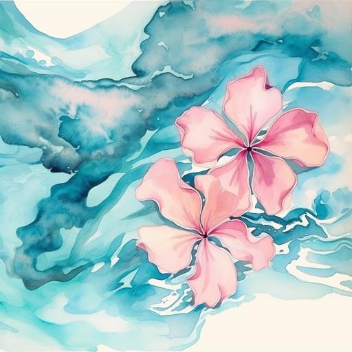 watercolor, hawaiian island map, plumeria, tiffany blue, pink, tropical, modern abstract art style.