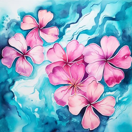 watercolor, hawaiian island map, plumeria, tiffany blue, pink, tropical, modern abstract art style.